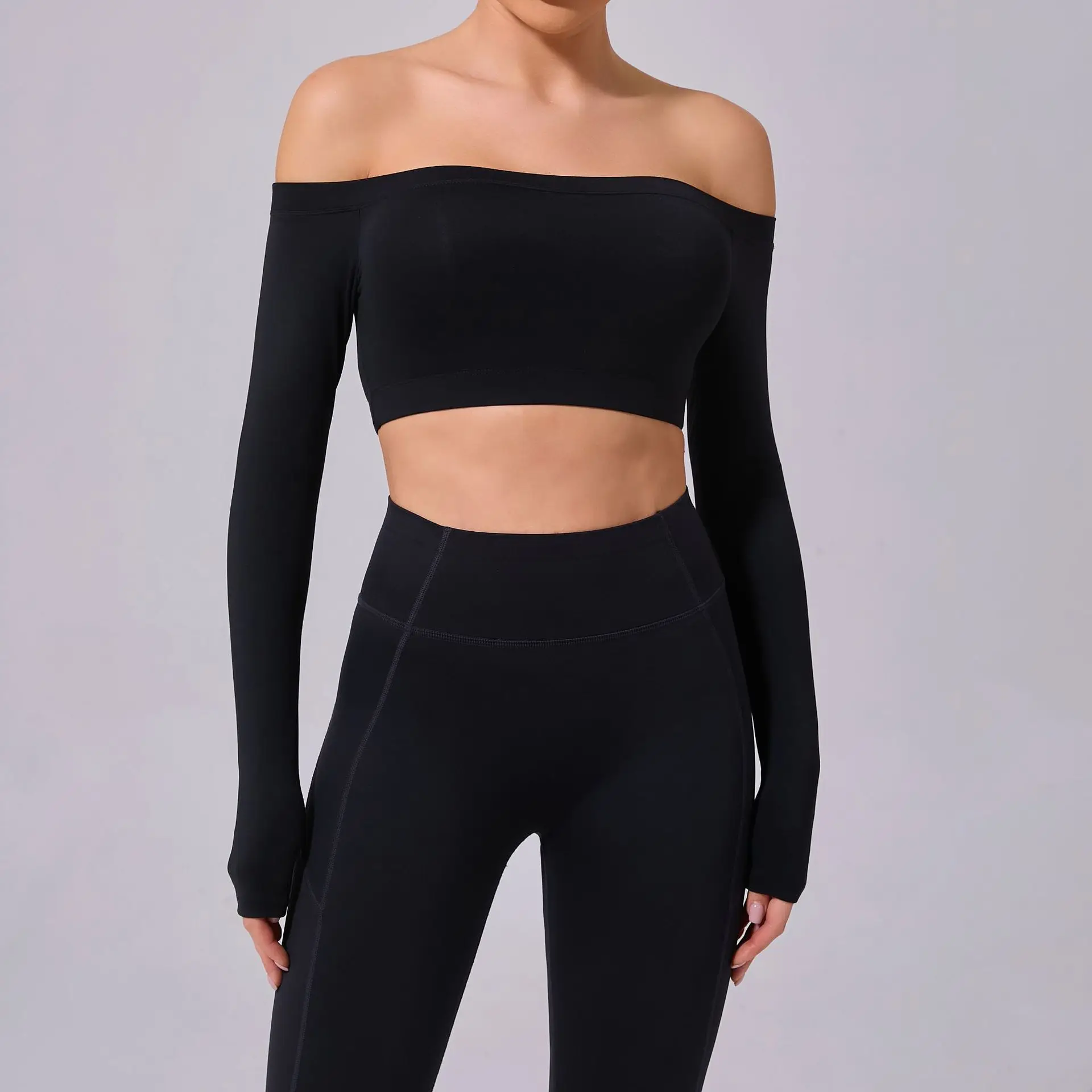 Fashion Long Sleeve Slash Neck Sports Top Women Crop Top for Fitness Yoga Wear Fashion Sports Short T-shirt Gym Workout Shirt