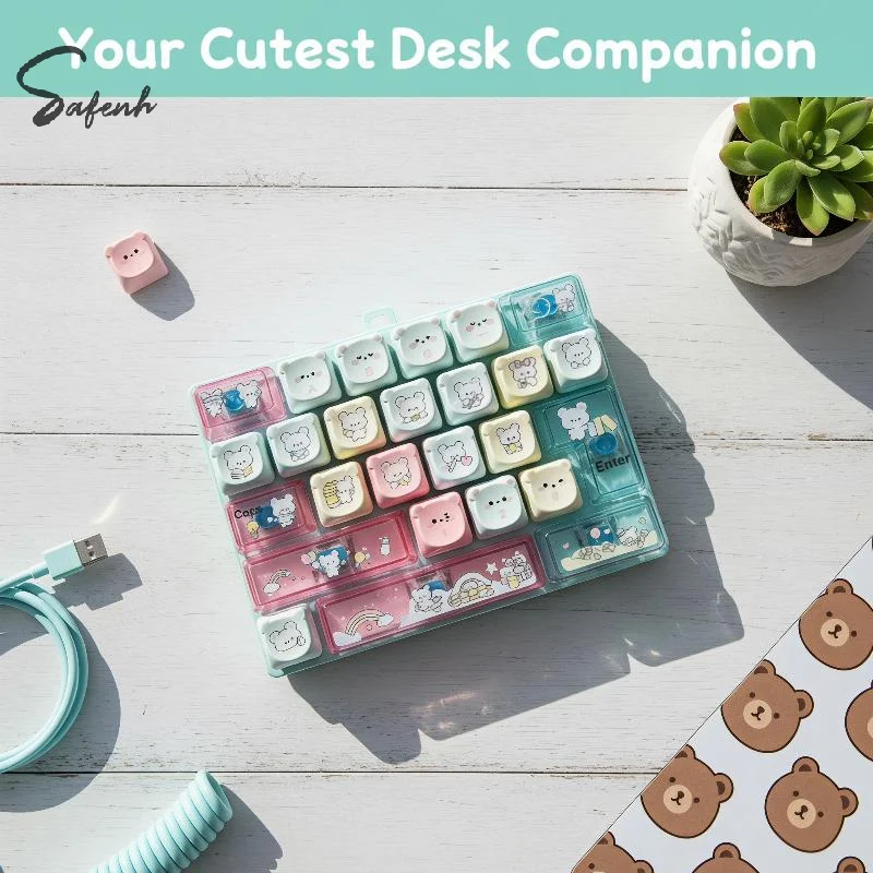 26 Keys Bear Printed Decompression Keyboard Keychain Cute Cartoon Clicker Toy Portable Pendant For Backpack Mobile Phone Car Key