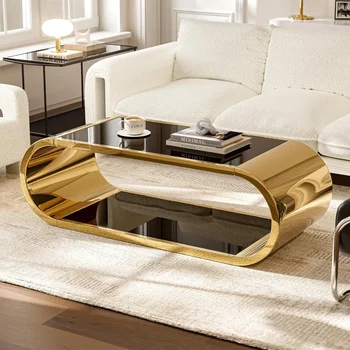 Image Golden Stainless Steel Glass Coffee Table, Modern Living Room Coffee Table, 2-story Glass Roof Large Space Stylish Design