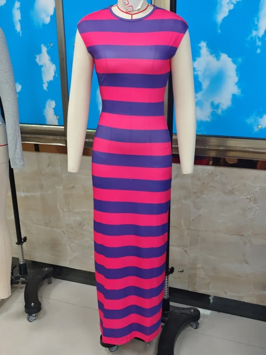 فستان نسائي للهالوين مخطط طويل Bodycon فستان نحيف بأكمام قصيرة ورقبة دائرية فستان بدون أكمام للحفلات والنوادي