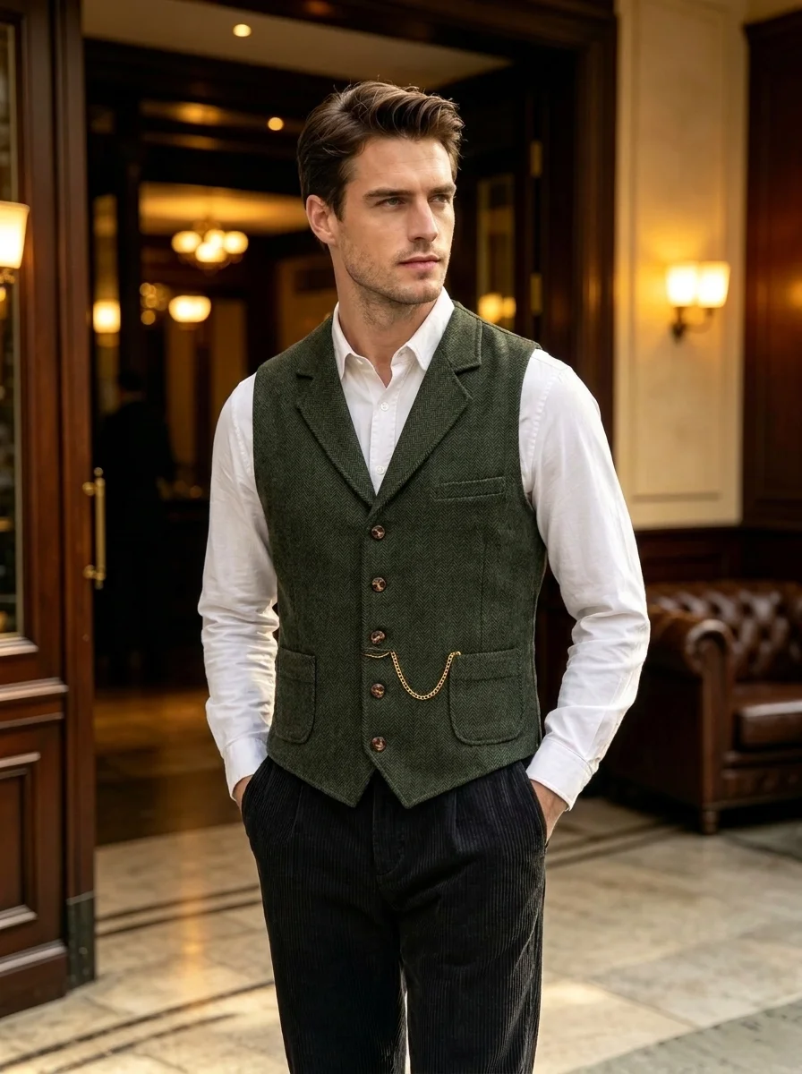 Men's Casual Classic Suit Vest Mandarin Collar Herringbone Wanzi pattern PanKou Slim Fit Business Waistcoat For Dance Party