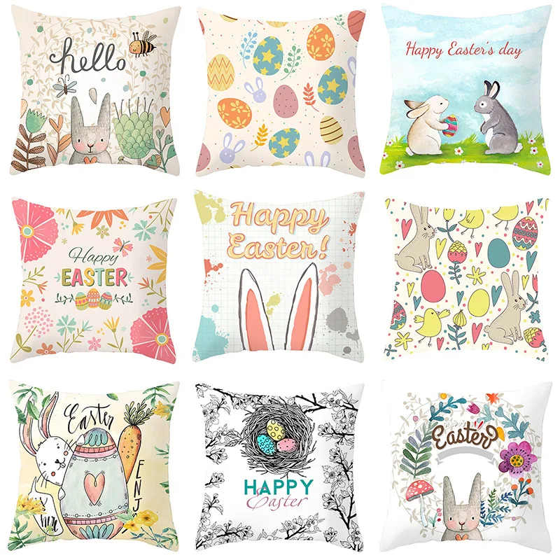 

45x45cm Happy Easter Pillowcase Decorative Throw Pillow Cover Easter Cute Bunny Eggs Pillowcase Cushion Cover Easter Home Decor