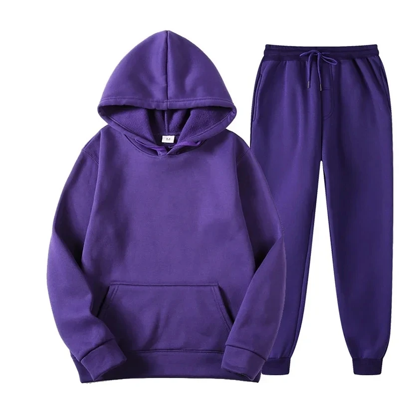 Unisex Solid Color Fleece Tracksuit 2-Piece Set Thick Pullover Long Pant Autumn Casual Jogger Sports Men Women Tracksuit Hoodies