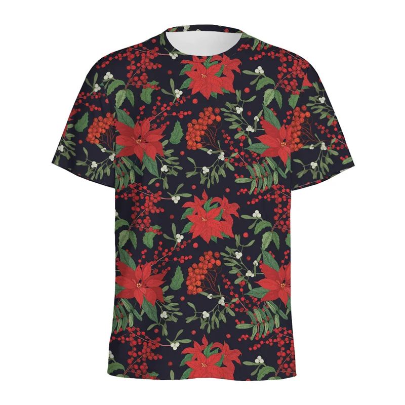 Poinsettia Flower 3D Printed T Shirt For Men Women Red Floral Pattern T-Shirt Casual Street Loose Short Sleeves Round Neck Tees