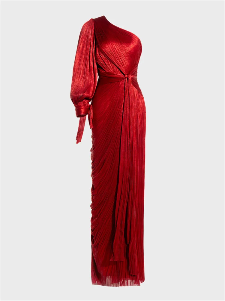 Hot Selling One-Shoulder Neckline Long Sleeve Satin Evening Dress Elegant Back Zipper Floor Length Side Slit Gown For Women 2024