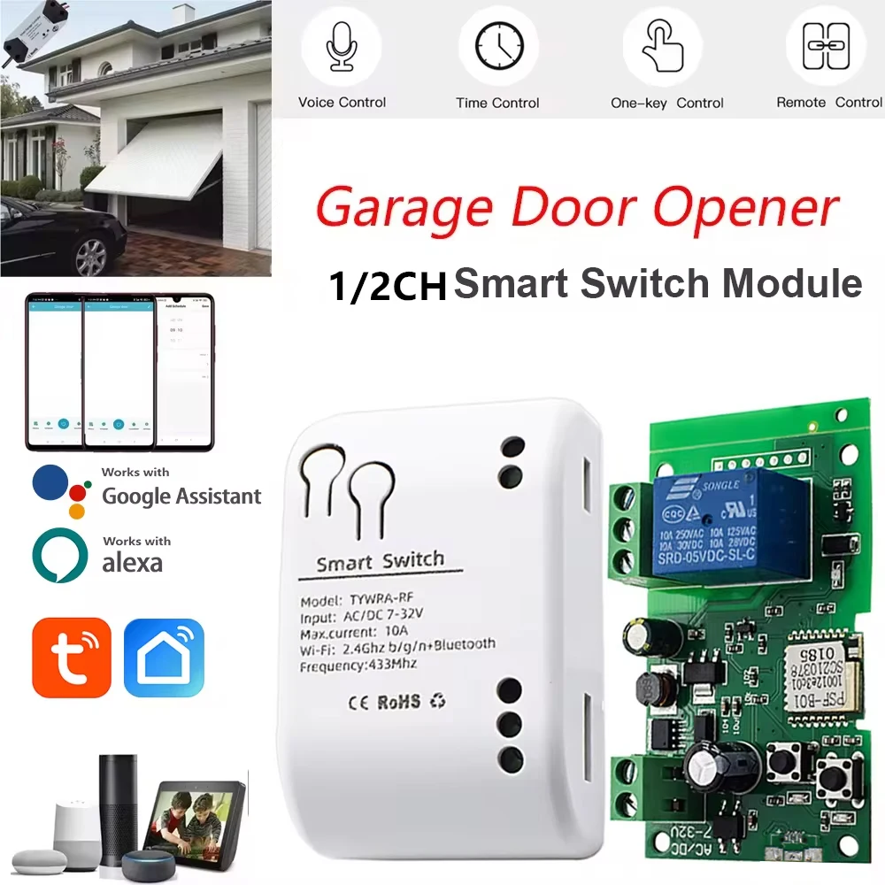 Tuya wifi inteligente portão de garagem interruptor do motor acesso porta elétrica dc 12v 24v 32v ac 220v 1/2ch módulo relé pulso rf433 remoto alexa
