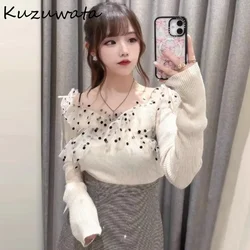 Kuzuwata Preppy Office Lady Slash Neck Polka Dot Pullover Knit Voile Patchwork Lace Up Ruffles Knitted Japan Fresh All-match Top