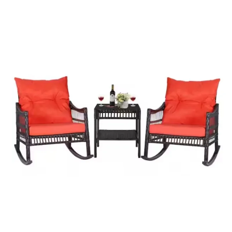 Conjunto de bistrô de balanço de vime para exterior de 3 peças com almofadas, conjunto de móveis de vime para pátio com cadeira de balanço e mesa de centro de vidro