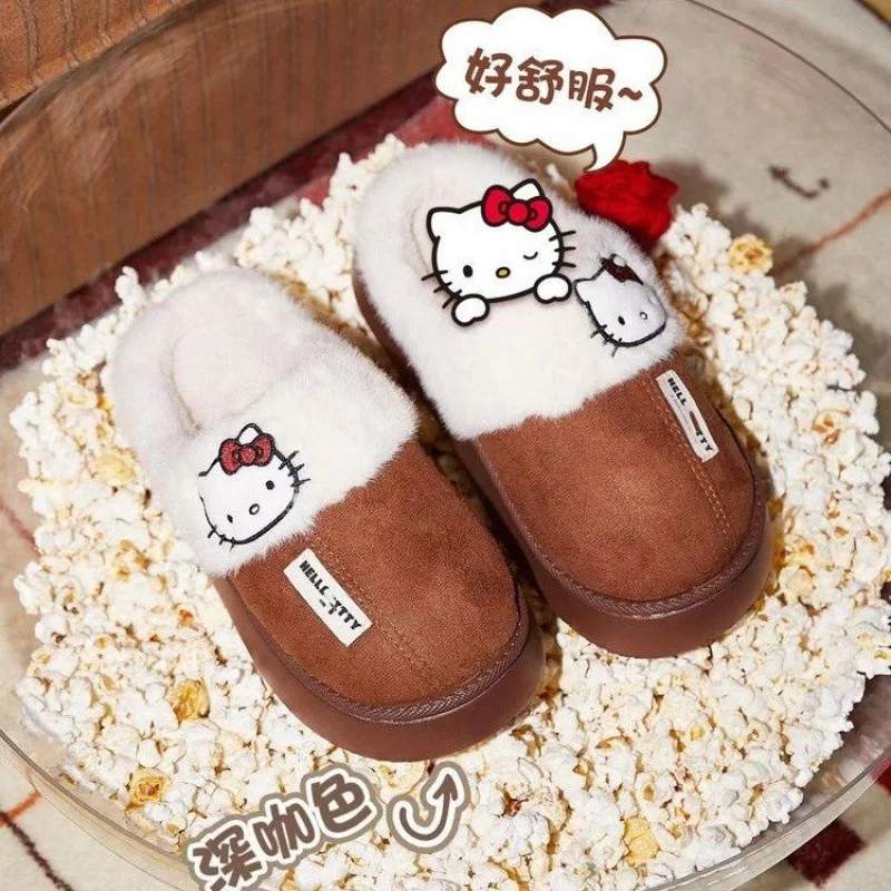 Hello Kitty Kawaii Warm Plush Slippers Anime Sanrios Girls Boys Autumn Winter Breathable Thick-soled Home Cotton Slipper Shoes