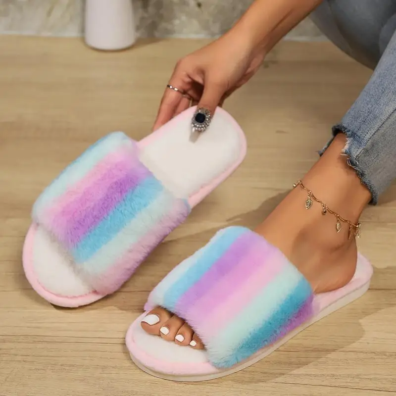 Casual Fluffy Slippers Women House Flats Fashion Popular Rainbow Designer Shoes Girls Home Winter Plush Footwear Ladies Big Size