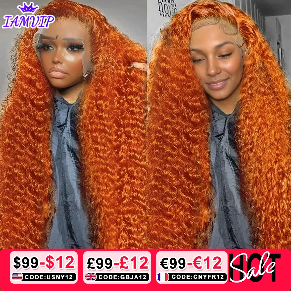 220 Density Orange Ginger 13x6 HD Transparent Deep Wave Lace Frontal Human Hair Wig 30 40 Inch 13x4 Lace Front Wigs For Women