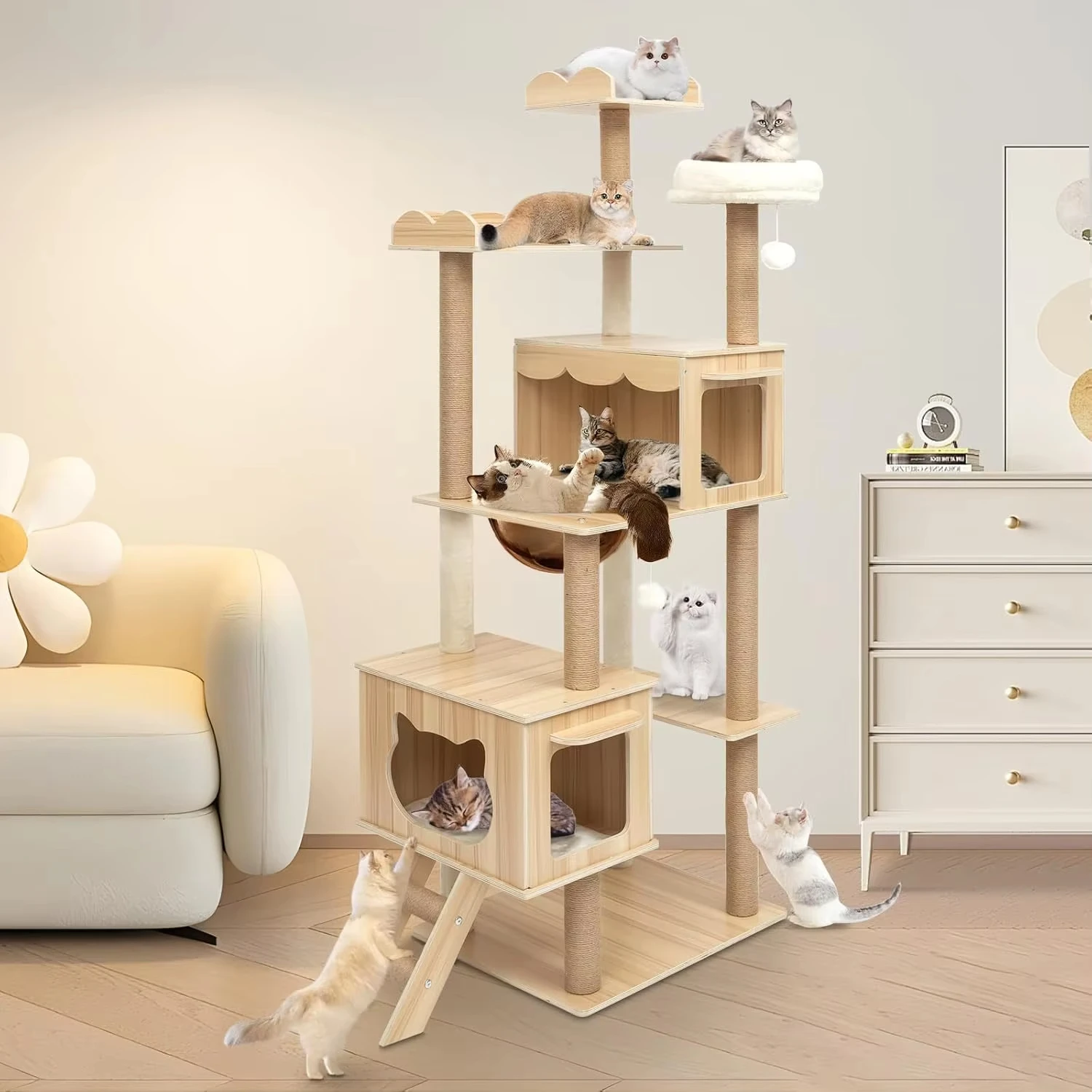 70in Larger Cat Tree Tower Condo for Indoor Cats, Multi-Level Furniture Activity Center with Wide Base/Cozy Plush Cat Perches