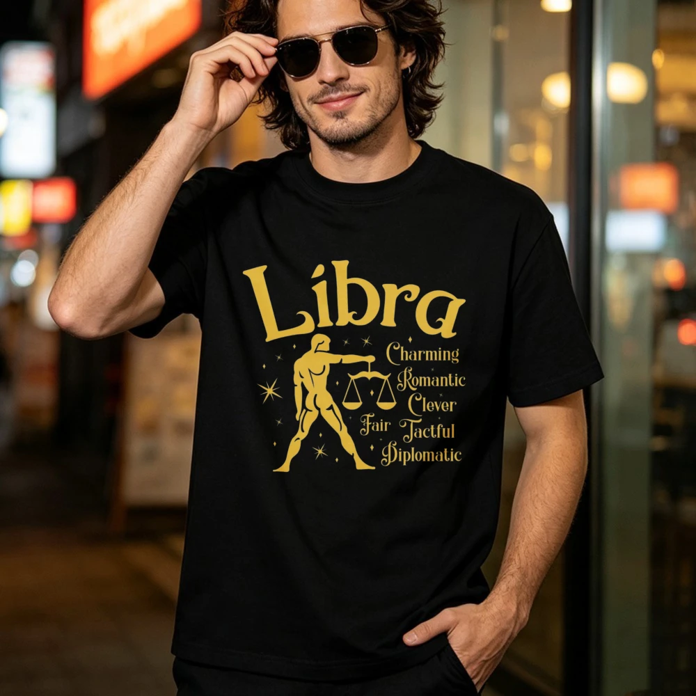 Trendy Libra Astrology Men Cotton Tshirt Golden Scale Human Silhouette Unisex Fashion Zodiac Horoscope Casual Streetwear Tees
