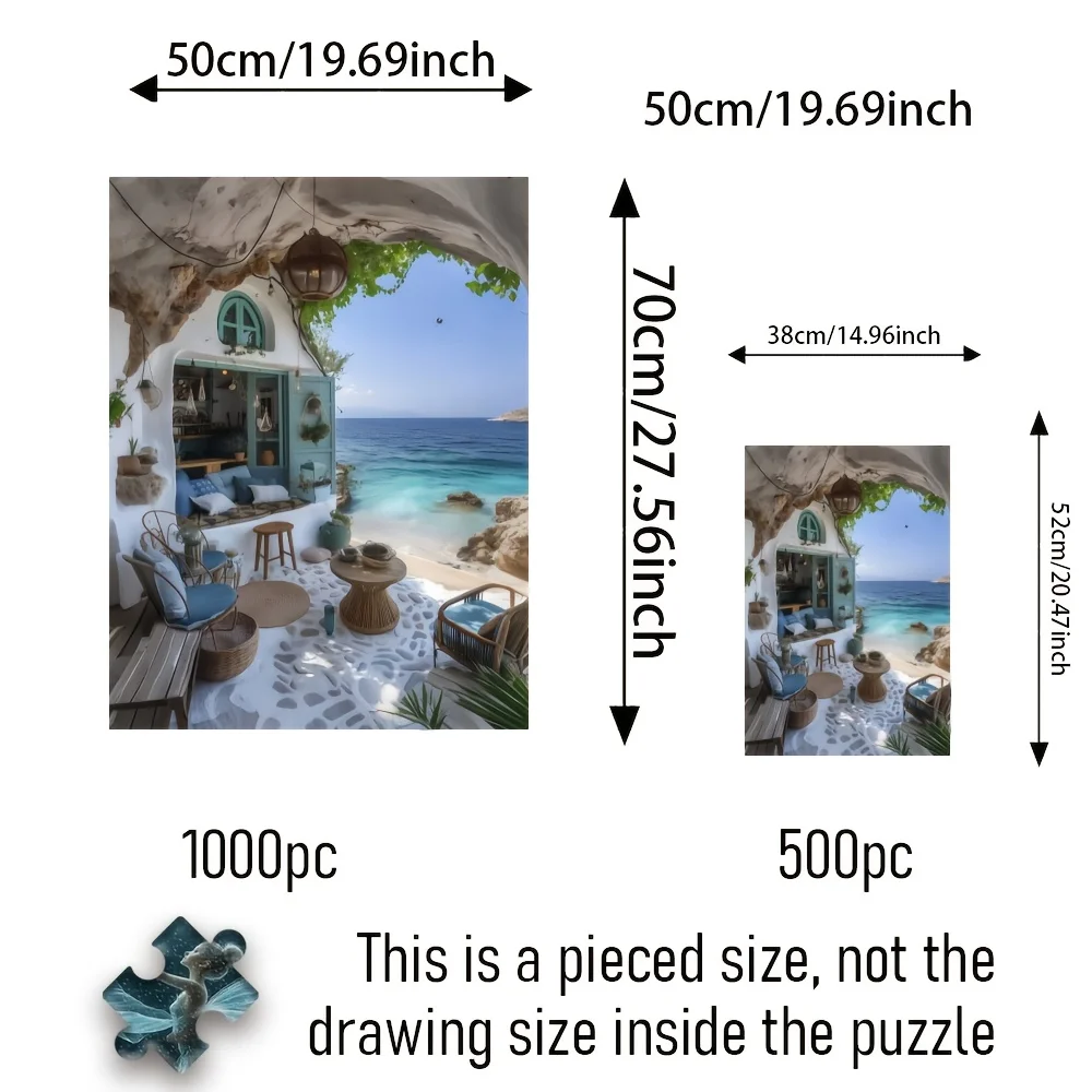 500pcs or 1000pcs Seaside Leisure Nook Jigsaw Puzzle - Mediterranean Beach House with White & Blue Coastal Scene, Challenging