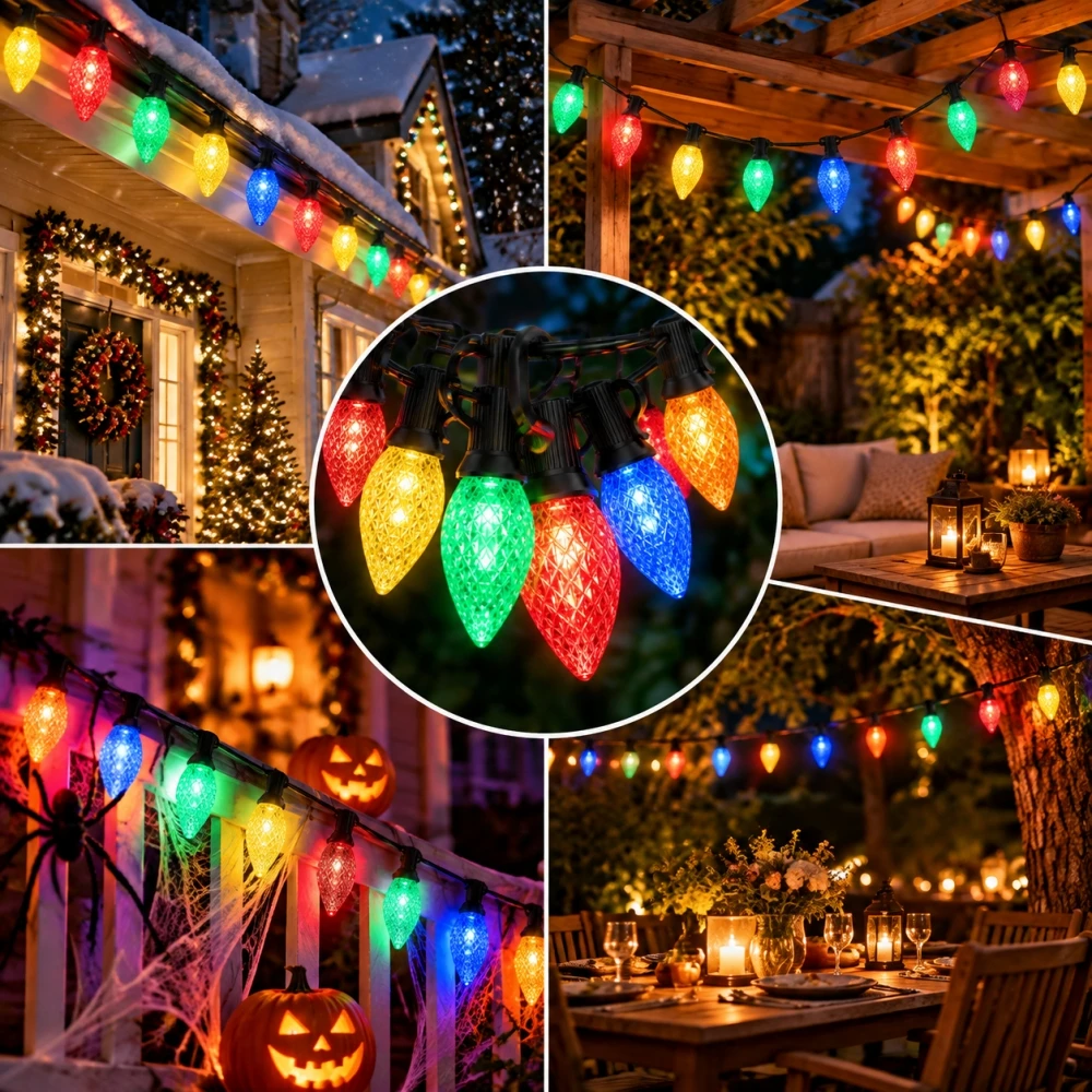 Colorful C7 LED String Lights 220V E12 Shatterproof Plastic Bulbs IP44 Waterproof Outdoor Christmas Halloween Party Garden Decor