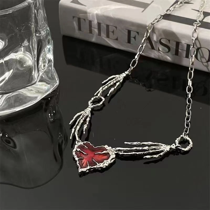 Gothic Skull Claw Heart Necklace For Women Trendy Red Crystal Thorn Love Exaggerated Dark Chokers Accessories Fashion Jewelry