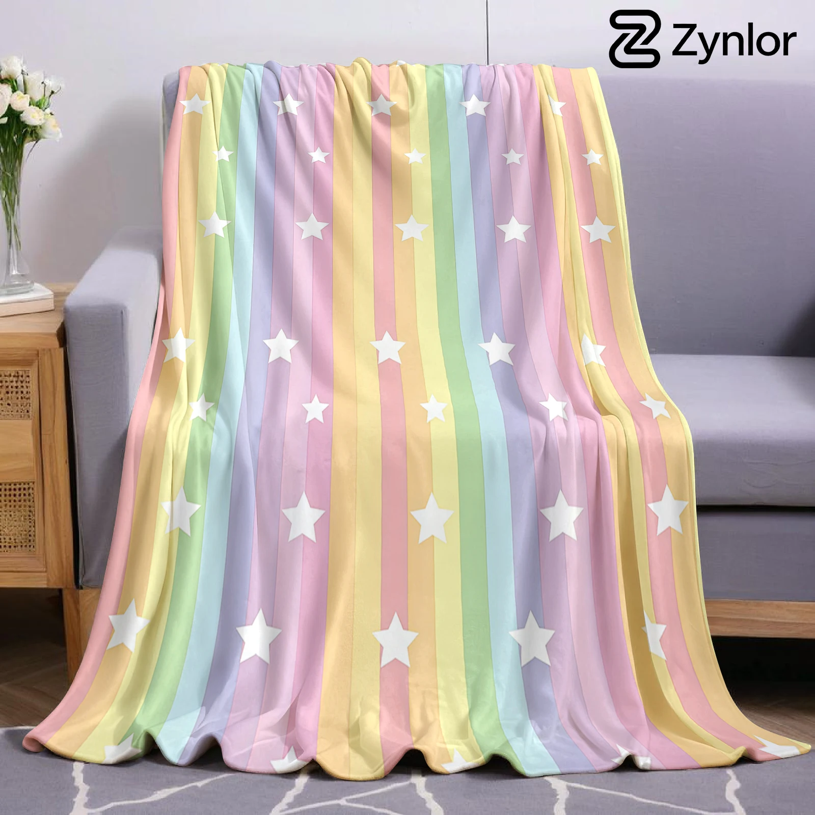 Pastel Rainbow Star Stripe Ultra Soft Sherpa Fleece Blanket Fluffy Warm Halloween Cozy Throw for Sofa Couch Bedroom All season
