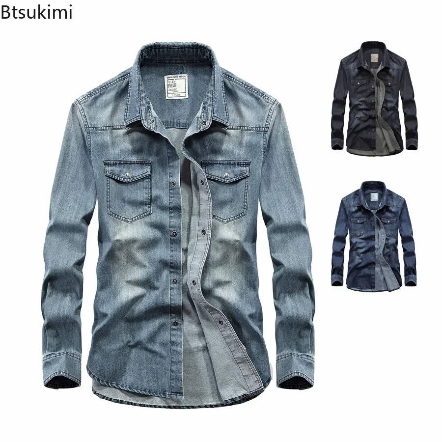 

2024Men's Denim Jeans Shirt Long Sleeve 100% Cotton High Quality Handsome Hombre Casual Jean Shirt Top Male Shirts Plus Size 4XL