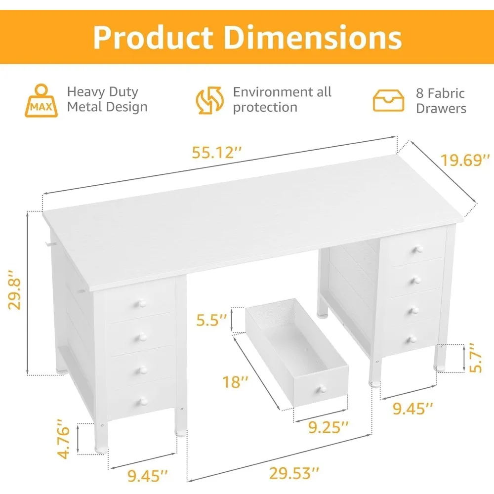 55 مكتب مكتب منزلي مزدوج الأدراج للفتيات والمراهقين، طاولة كتابة للتخزين #3