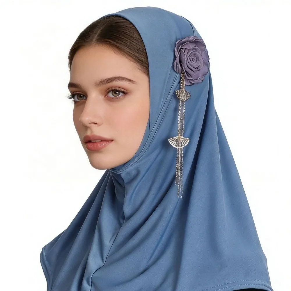 Comfort Round Edge 3D Flower Tassel Hijab Stretch Solid Color Head Wrap Lightweight High-Elasticity Headwear Daily Prayer image 3