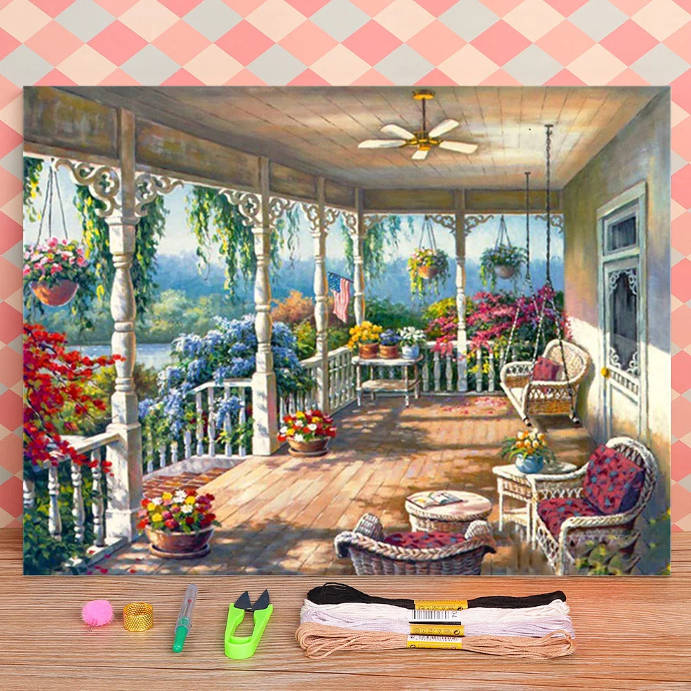 House Flower Landscape Printed Canvas 11CT Cross Stitch Complete Kit Embroidery DMC Threads Handmade Handicraft      Magic