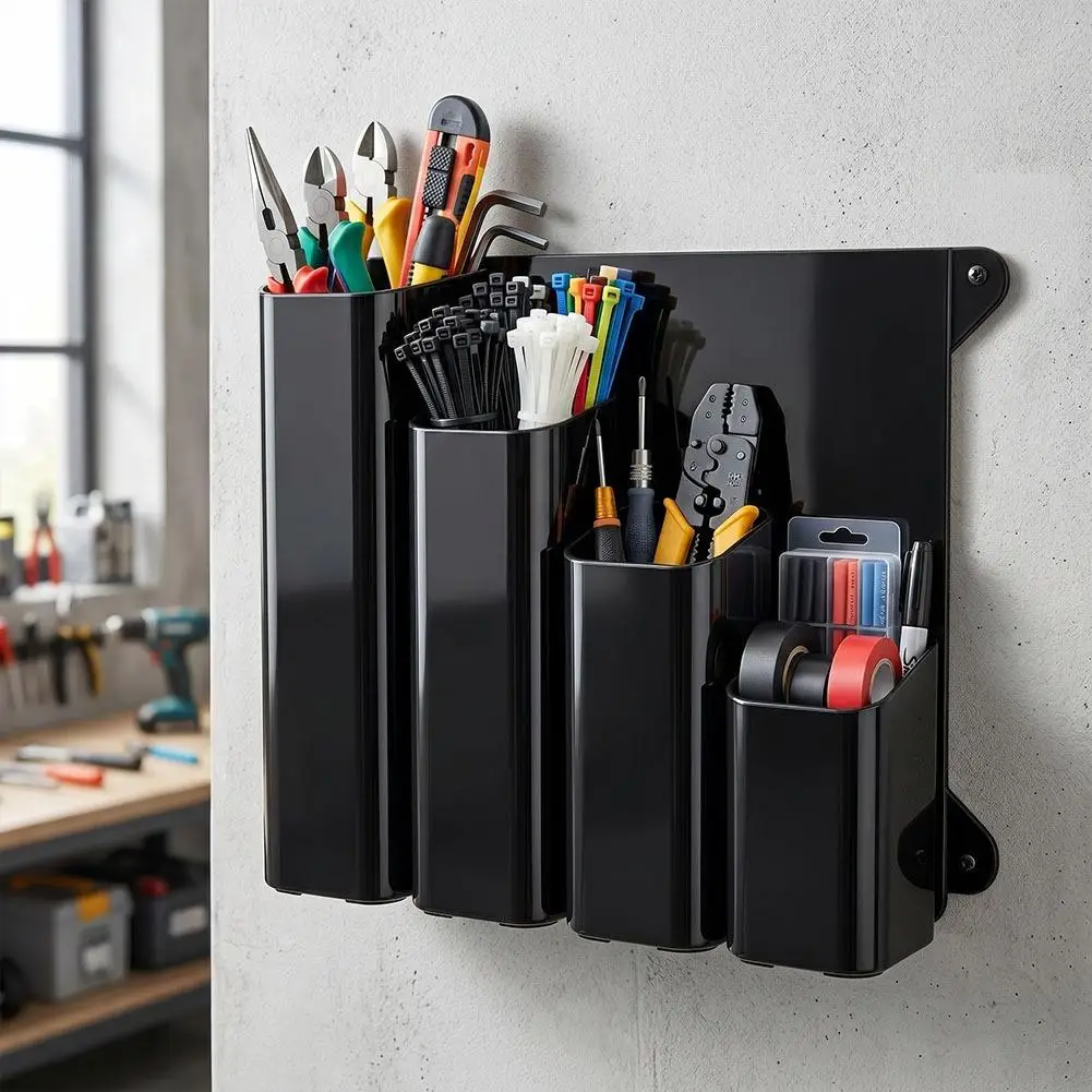 Universal Wall Mounted Zip Tie Organizer 4 Pockets Cable Tie Storage Rack Metal Wire Rope Storage Box Workshop Accessories