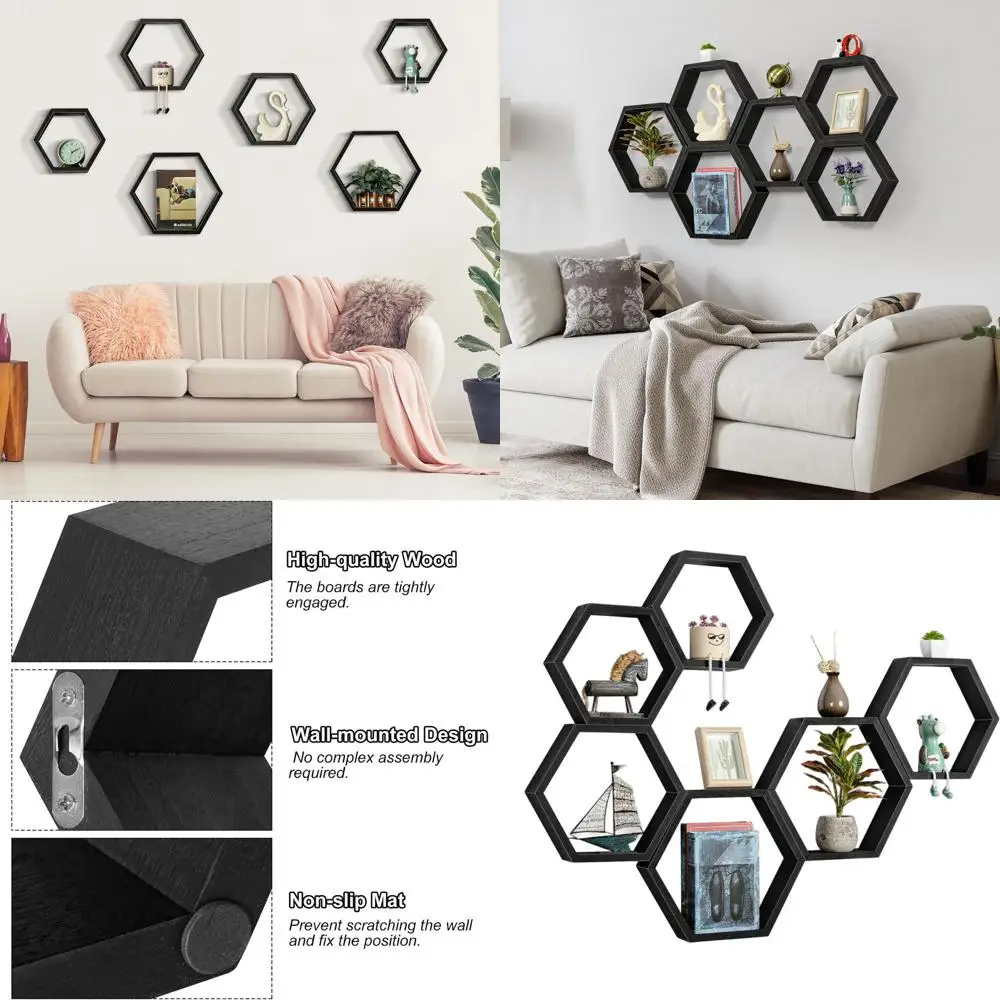 

Black Wooden Hexagonal Wall Shelves Set - 6 Piece Farmhouse Style Decor for Living Room, Bedroom, and Office Storage