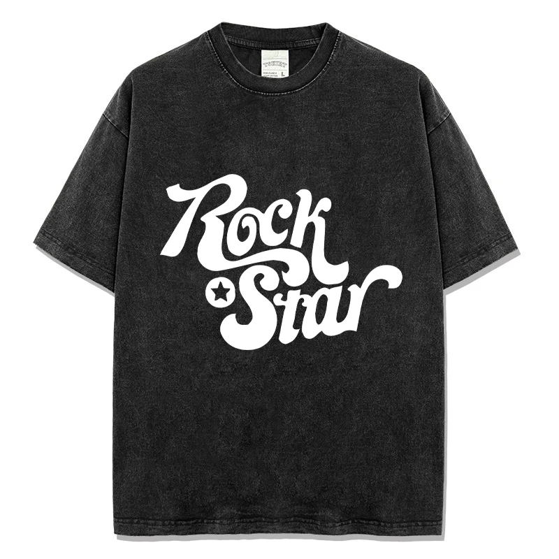 

Summer Men's Casual T-shirt Washed Color Designer Short Sleeve T Shirt Rock Star Print Pure Cotton Male Harajuku Y2k Tops