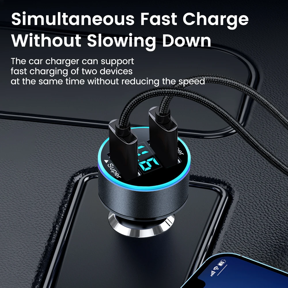 200W Mini Dual Ports USB Car Charger Super Fast Charging with Digital Display Quick Charging Adapter for IPhone Samsung Xiao mi