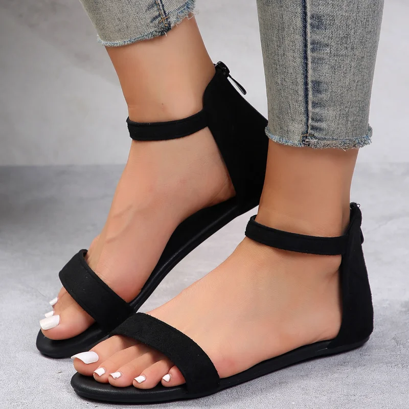 Women Simplicity Flat Sandals Solid Color Double Broadband Fish Mouth Peep Toe Summer Shoes Back Cutout Zipper Elegant