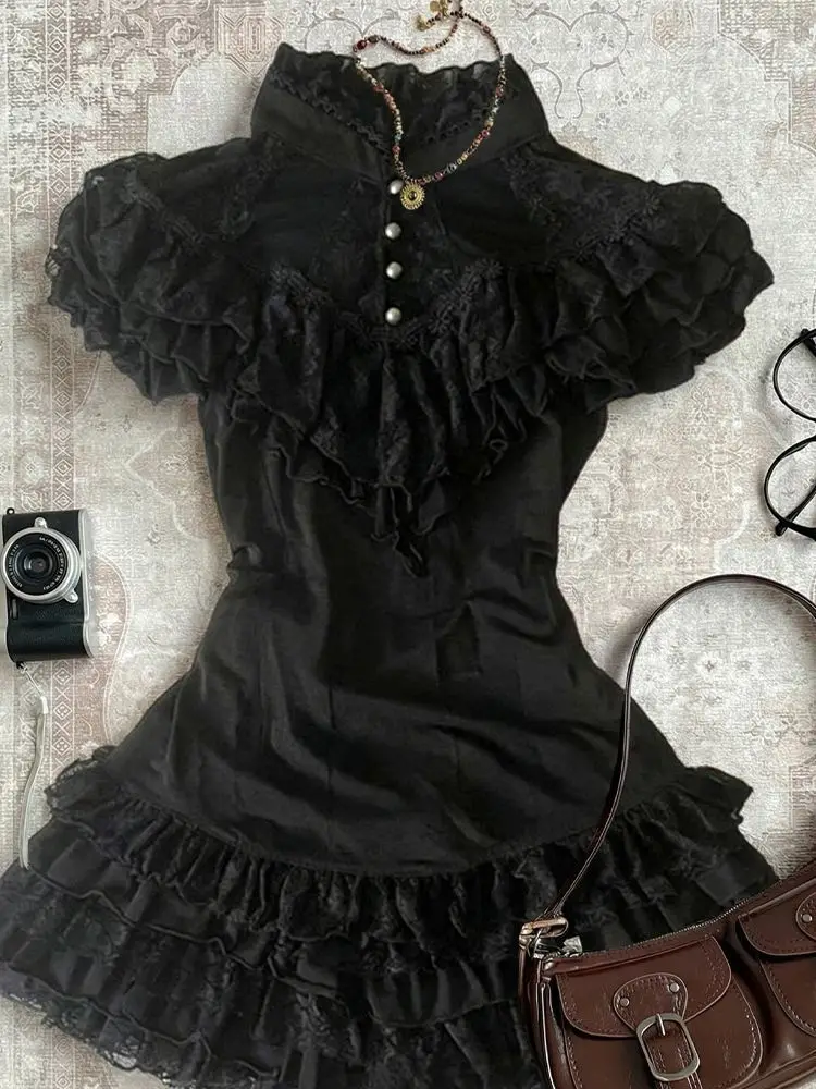 

Vintage Dark Gothic Black Patchwork Slim Waist Top Cake Mini Skirt Two Piece Set Women Grunge Alternative Female Fashion Outfits