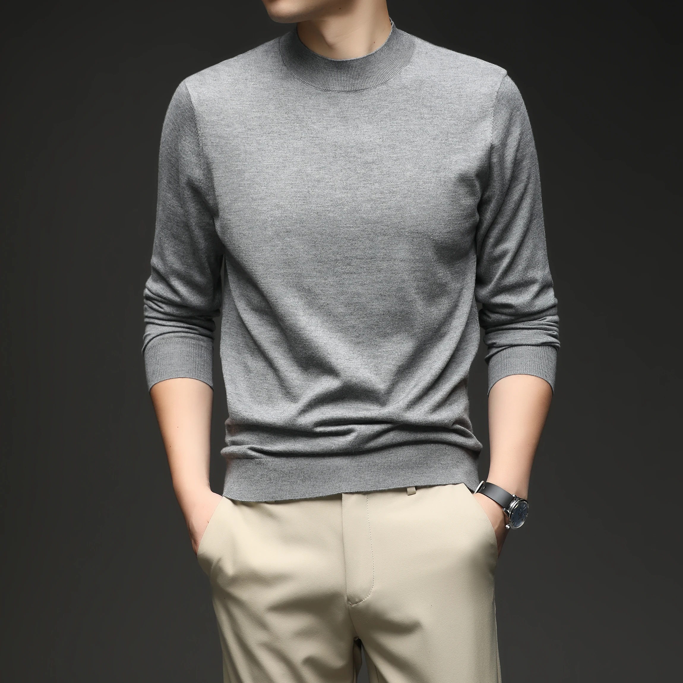 Lã de seda masculina malha t 2025 outono casual mock neck camisola fina manga longa lã de ovelha malhas pulôver roupas