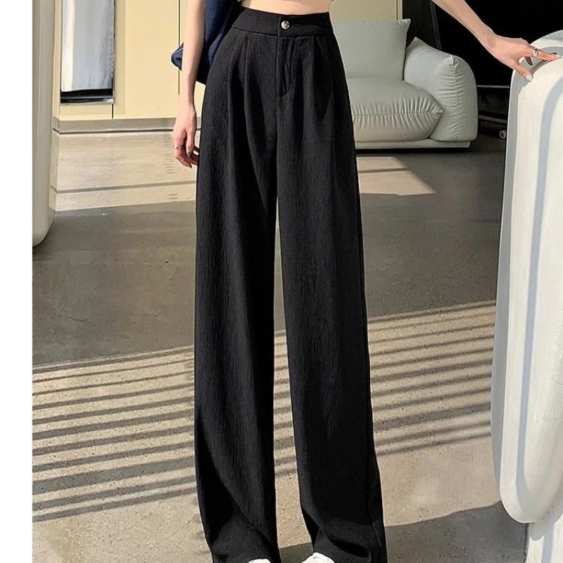 2024 New Summer Korean Commuter Casual Minimalist Polyester Wide Leg Pants Loose Solid Color High Waist Button Women's Pants