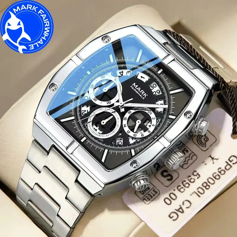 

MARK FAIRWHALE Watches for Men 5190 Trend Tonneau Quartz Wristwatches Stainless Steel Chronograph Waterproof Men Watches Reloj