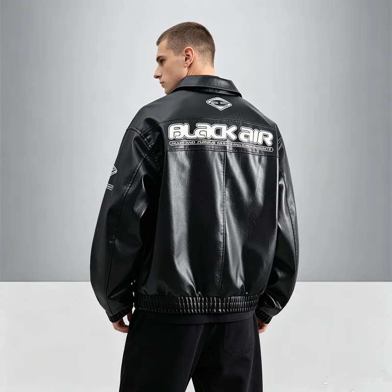 Embroidered PU Leatrher Jacket for Men Moto Biker Bomber Jackets Spring Autumn Leather Trench Coats Men Clothing