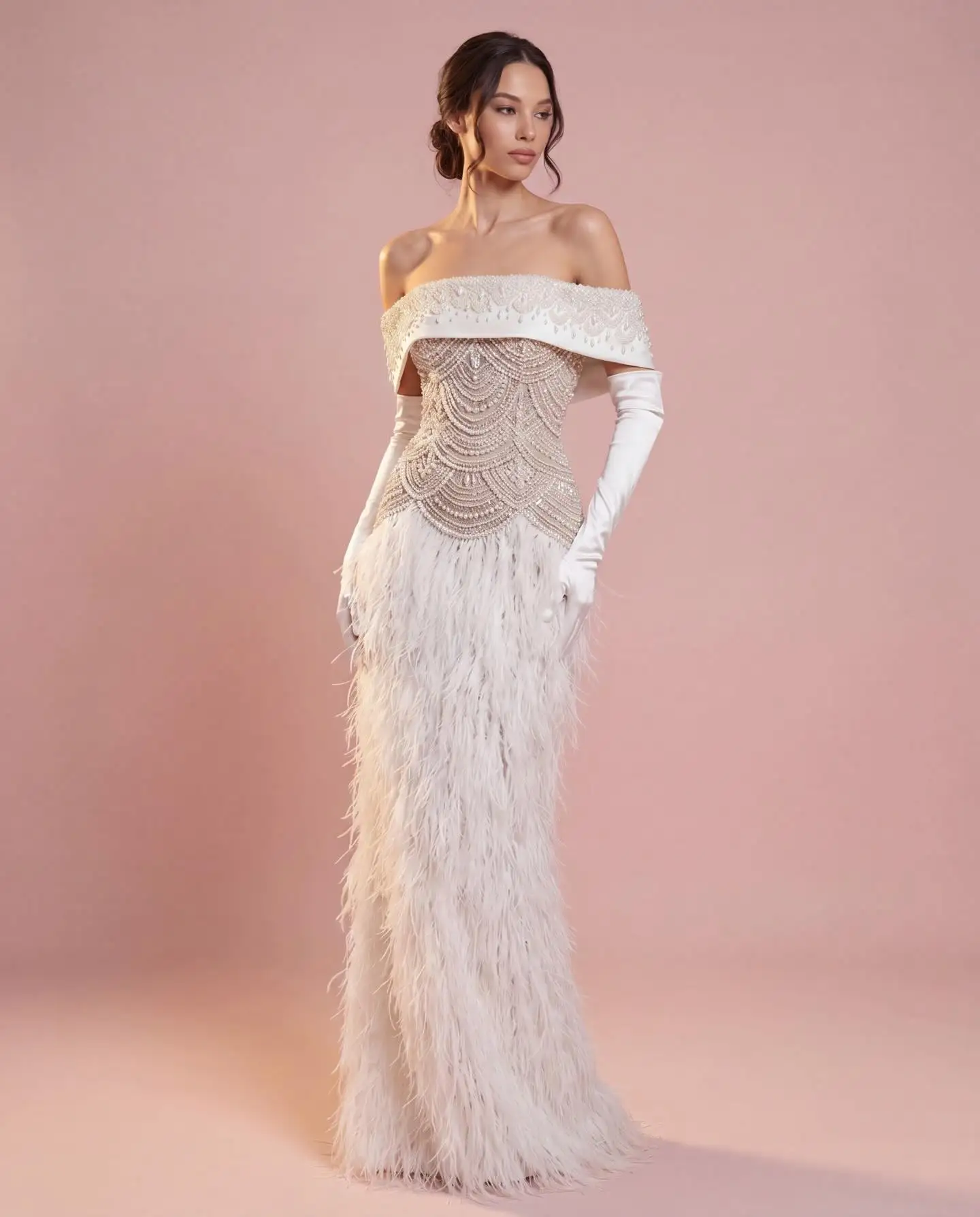 Arabia Luxury Satin Gloves Off-the-shoulder Pearl Beadings Evening Prom Dress Gown Feather Hem Party Dress Women Customized