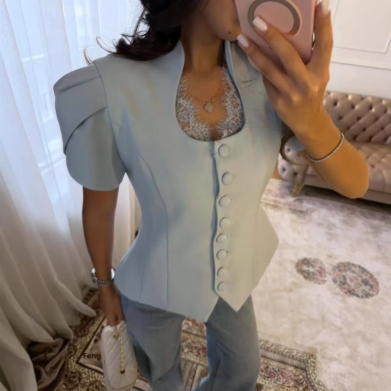 

Elegant Fashion Design Lace Patchwork Short Sleeve Shirt Top Women's Straight Cut Polyester Spring 2026 Pure Color Open Cardigan