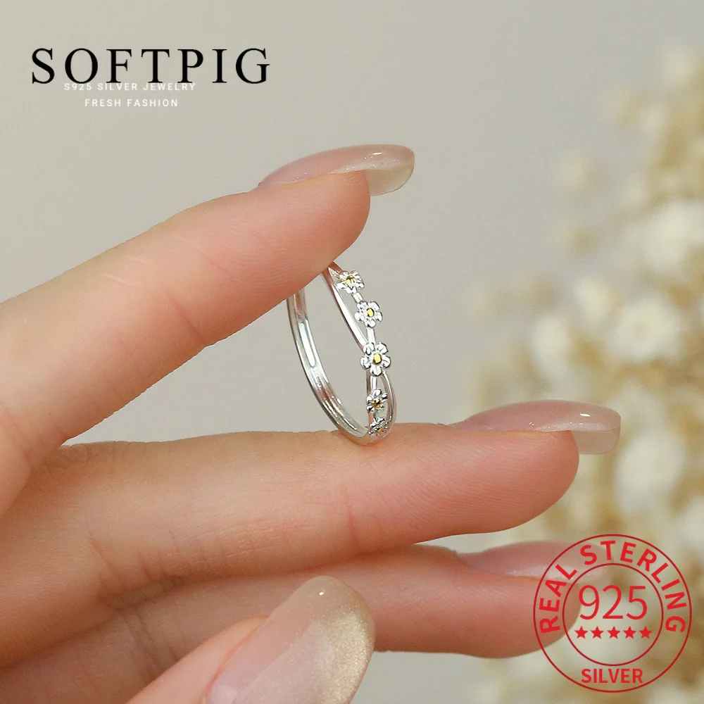 

SOFTPIG Genuine 925 Sterling Silver Mini Flower Adjustable Ring for Women Cute Fine Jewelry Light Luxury Plant Accessories