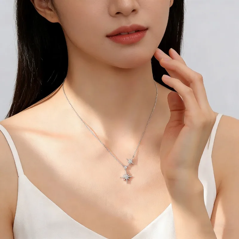 European and American cross-border six-mang double star zircon light luxury necklace niche copper inlaid with flash