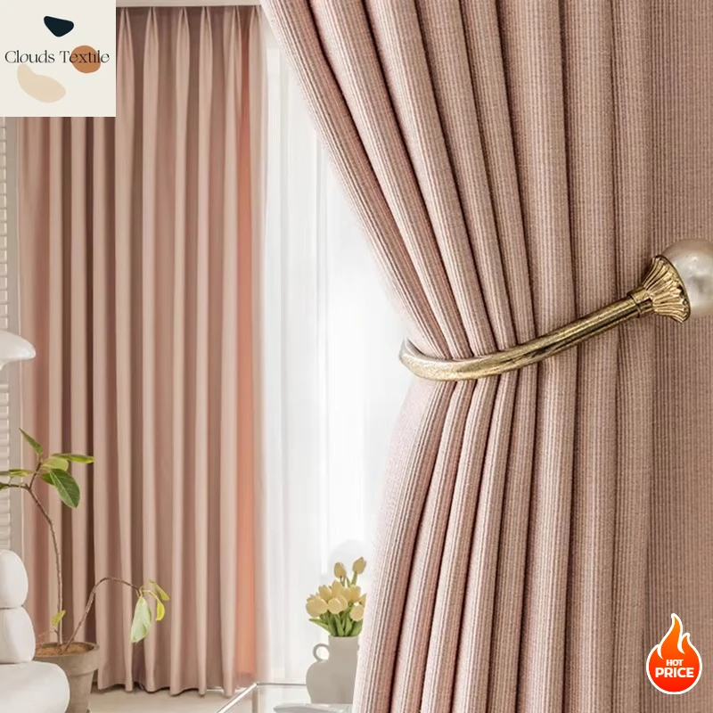 

High Blackout Coral Linen Curtain Fabric Shaoxing Curtains for Living Dining Room Bedroom Soundproof Curtain Finished Curtains