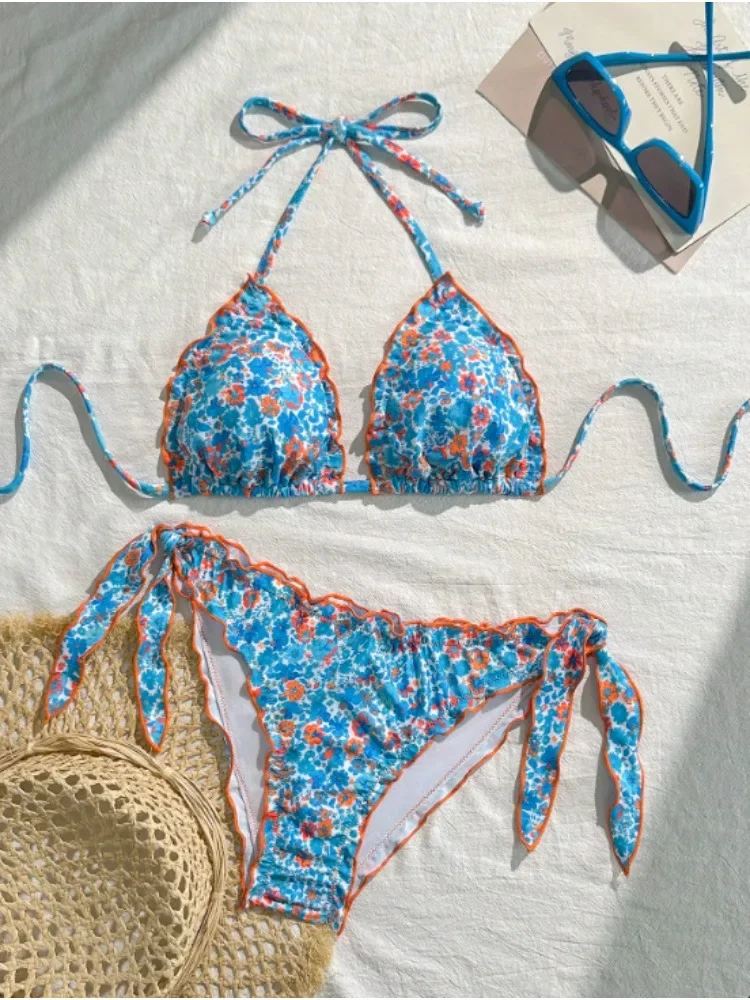 Women Cute Bikini Set 2025 New Summer Orange Floral Print Halter Ruffles Push Up Tie Side Thong Swimsuit Bathing Suit