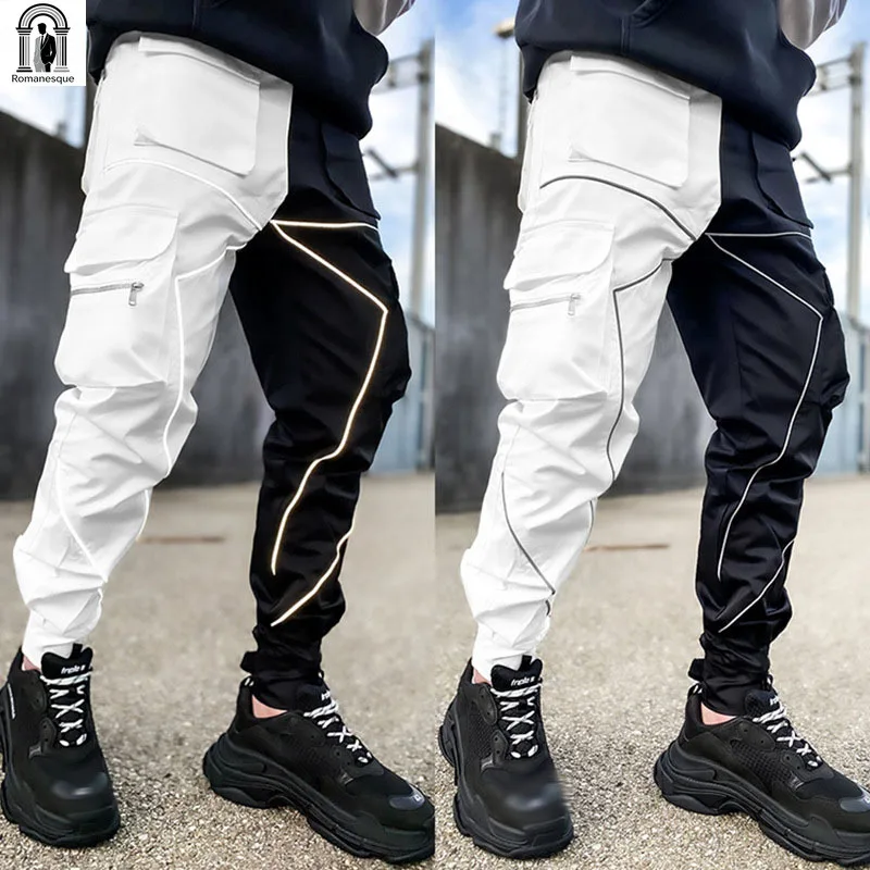 

Mens Casual Black White Patchwork Cargo Pants Loose Plus Size Striped Multi Pocket Jogging Sports Fitness Hip Hop Jogger Trouser