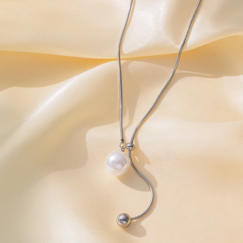 ANENJERY 316L Stainless Steel Knot Lucky Beads Imitation Pearl Necklace for Women Long chain Temperament Jewelry Gifts Wholesale