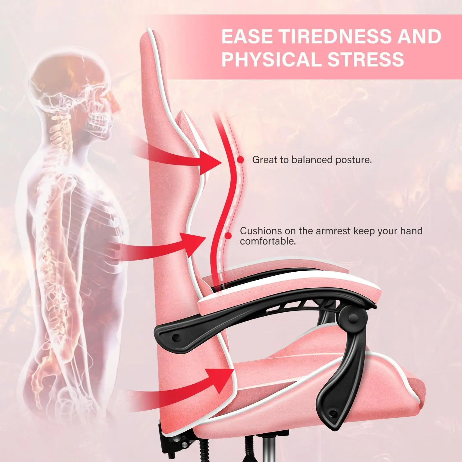 Pink Gaming Chair, Racing Style Adjustable Swivel Office Chair, Ergonomic with Headrest & Lumbar Support