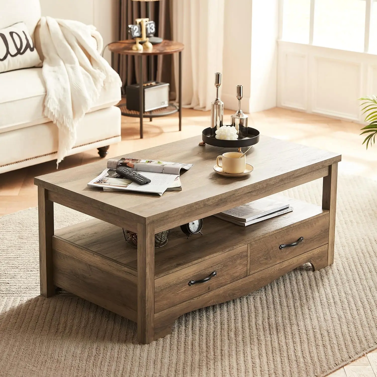 Farmhouse Coffee Table with Storage, Wood Coffee Table for Living Room, Open Display Area and Storage Drawers with Metal Handles