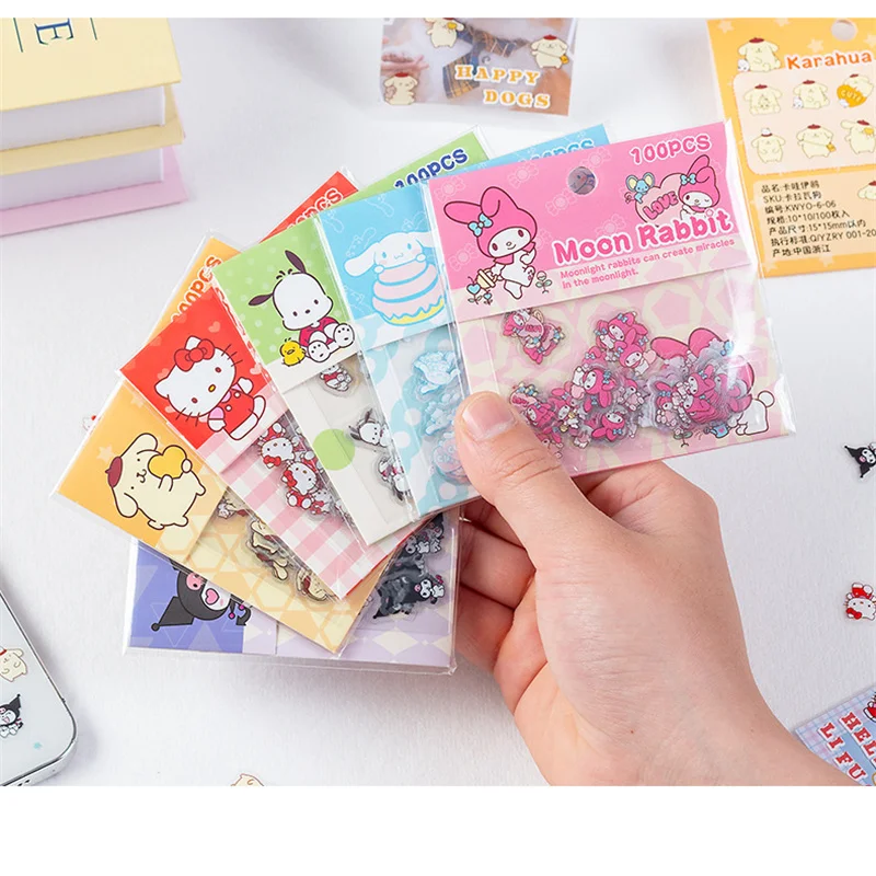 100pcs Sanrio Cartoon Sticker Pochacco Kuromi Melody Kitty Kawaii Stickers Student Stationery Supplies Birthday Gifts