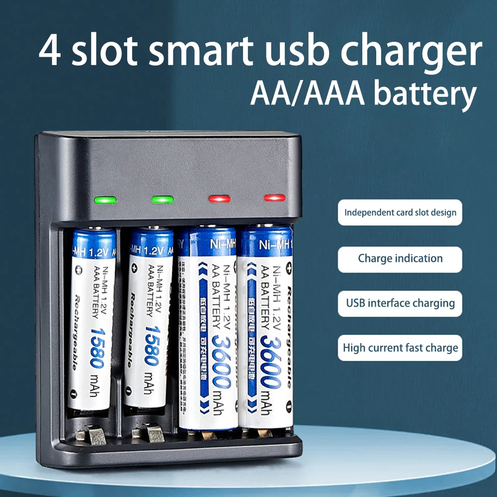 USB Battery Charger 4-Slot Fast Intelligent Battery Charger AA AAA Rechargeable Fast Charging Short Circuit Protection Adapter