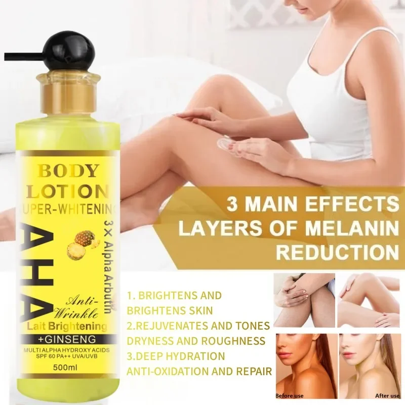 AHA Whitening Body Lotion UVA/UVB Brightening Firming, Anti-wrinkle Even Skin Tone Remove Dark Spots Shrinking Pores 500ml