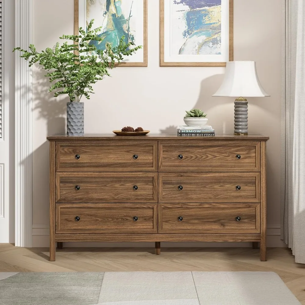 CARPETNAL 55 Комод из орехового дерева для спальни, комод с 6 ящиками, широким ящиком и металлическими ручками, деревянные комоды и комоды