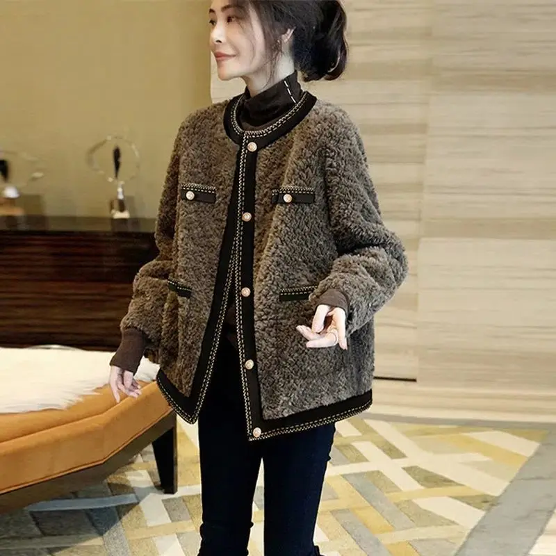 

Luxury Brown Faux Fur Short Jacket Women's Fur Coat Fluffy Soft Fashion Top Autumn Winter New O-Neck Single-Breasted Trend Coats